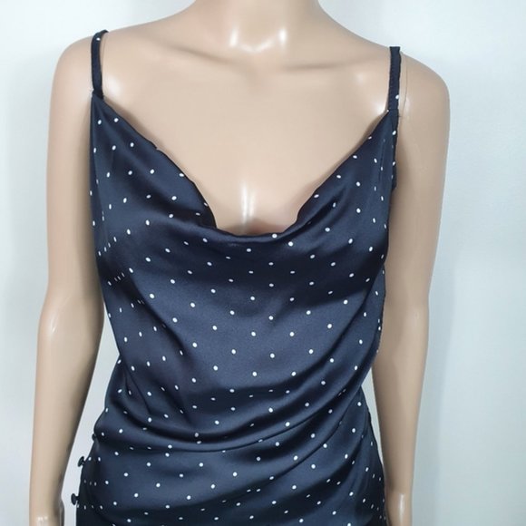 Cowl Neck  Slip Dress Satin Draped Slit Midi size 8 polka dot black white midi - Picture 3 of 4